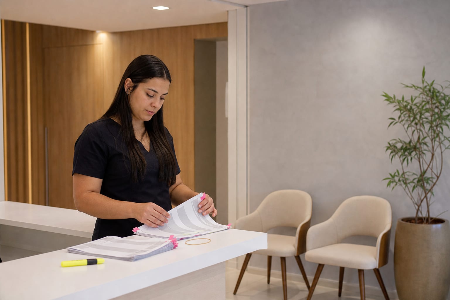 Recepção de clínica médica de pequeno porte com recepcionista organizando fichas no balcão